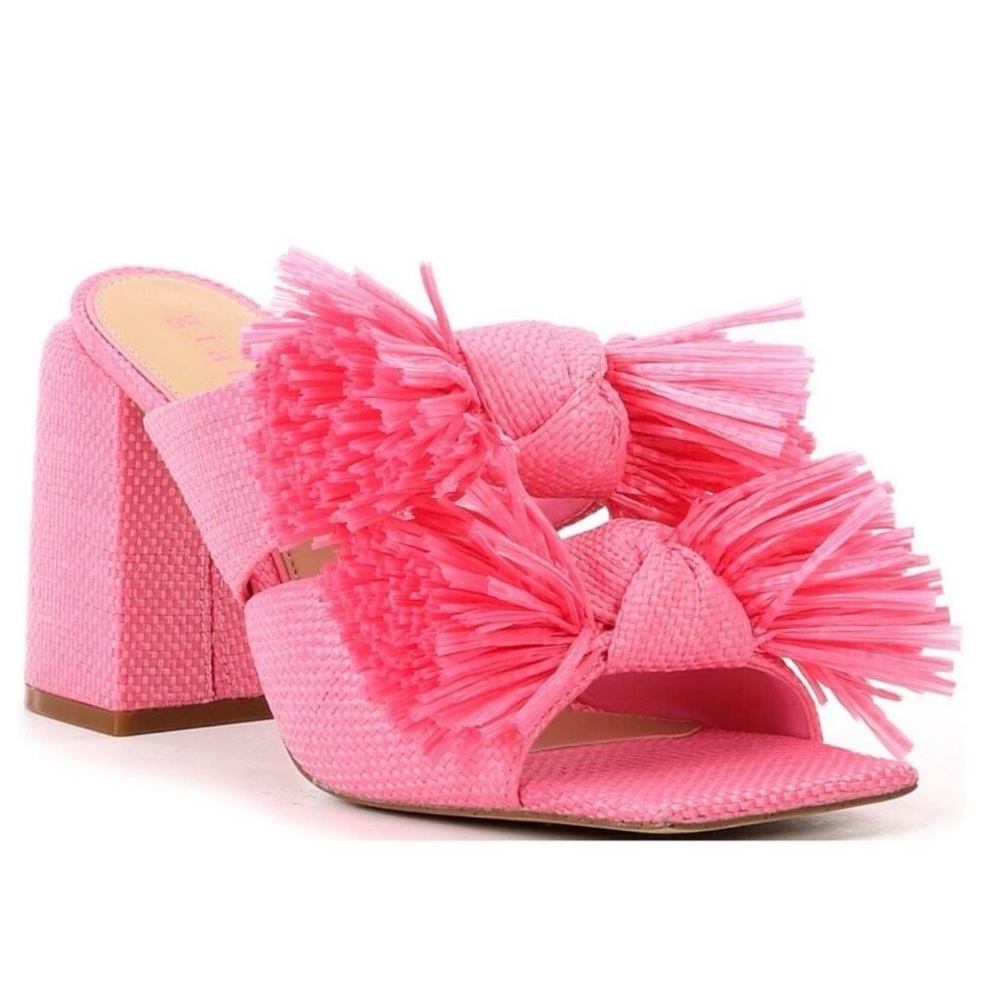 Pink Maguire Raffia Fringe Block Heel Sandals